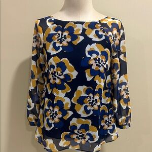 CAbi Floral Blouse Navy and Mustard